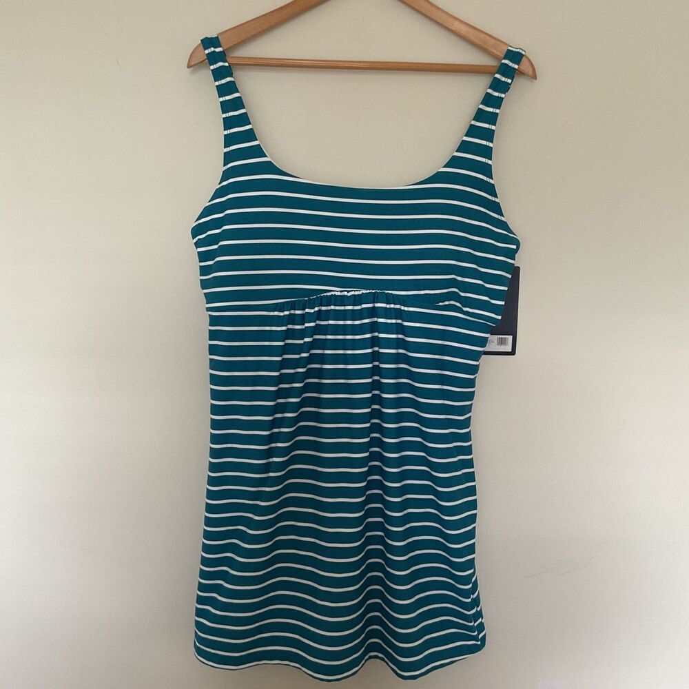 Lands' End Swim Dress XL Teal Blue White Striped One Piece Swimsuit UPF 50+ NWT